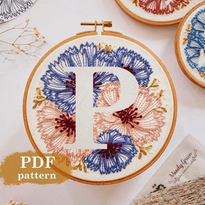 Cornflower Letter "P"  Hand Embroidery Pattern / Digital PDF Download / Floral needlework initial /Detailed DIY Hoop Art