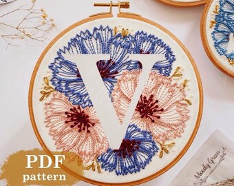 Cornflower Letter "V"  Hand Embroidery Pattern / Digital PDF Download / Floral needlework initial /Detailed DIY Hoop Art