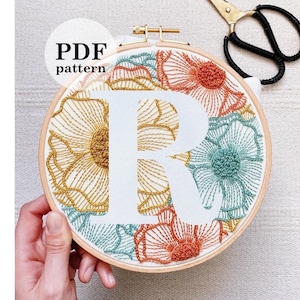 Floral Letter "R"  Hand Embroidery Pattern / Digital PDF Download / Instant Download Floral Hand Embroidery /Detailed DIY Monogram Hoop Art