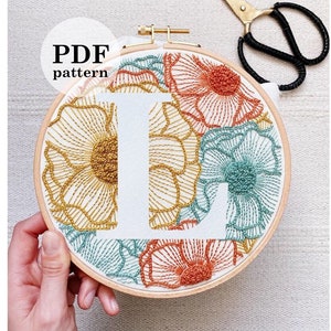 花文字「L」の手刺繍パターン / デジタルPDFダウンロード / 即時ダウンロード 花の手刺繍 / 詳細なDIYモノグラムフープアート