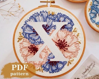Cornflower Letter "X"  Hand Embroidery Pattern / Digital PDF Download / Floral needlework initial /Detailed DIY Hoop Art