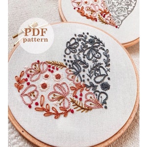 Dual Floral Heart Design Hand Embroidery Pattern / Instant Digital PDF Download / Beginner Hand Embroidery / Easy to make Heart Shaped Hoop