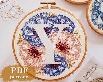 Cornflower Letter "Y"  Hand Embroidery Pattern / Digital PDF Download / Floral needlework initial /Detailed DIY Hoop Art