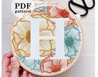 Floral Letter "H"  Hand Embroidery Pattern / Digital PDF Download / Instant Download Floral Hand Embroidery /Detailed DIY Monogram Hoop Art