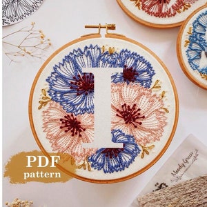 Cornflower Letter &quot;I&quot; Hand Embroidery Pattern: Floral Initial (Digital PDF Download)