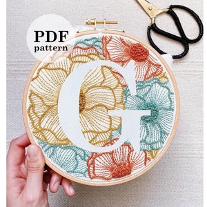 Floral Letter "G"  Hand Embroidery Pattern / Digital PDF Download / Instant Download Floral Hand Embroidery /Detailed DIY Monogram Hoop Art