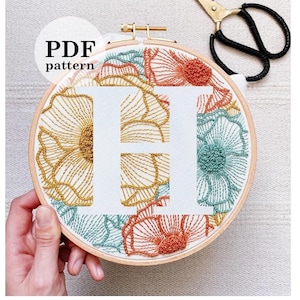 Floral Letter "H"  Hand Embroidery Pattern / Digital PDF Download / Instant Download Floral Hand Embroidery /Detailed DIY Monogram Hoop Art