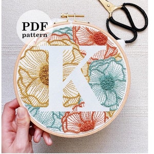 Floral Letter "K"  Hand Embroidery Pattern / Digital PDF Download / Instant Download Floral Hand Embroidery /Detailed DIY Monogram Hoop Art