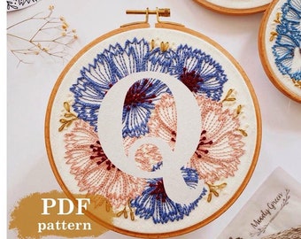 Cornflower Letter "Q"  Hand Embroidery Pattern / Digital PDF Download / Floral needlework initial /Detailed DIY Hoop Art