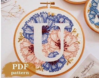 Cornflower Letter "U"  Hand Embroidery Pattern / Digital PDF Download / Floral needlework initial /Detailed DIY Hoop Art