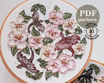 Dragons and Blooms Embroidery Pattern: Floral Needlework DIY (PDF Download, 6-7" Hoop Size)
