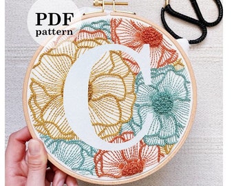 Floral Letter "C"  Hand Embroidery Pattern / Digital PDF Download / Instant Download Floral Hand Embroidery /Detailed DIY Monogram Hoop Art