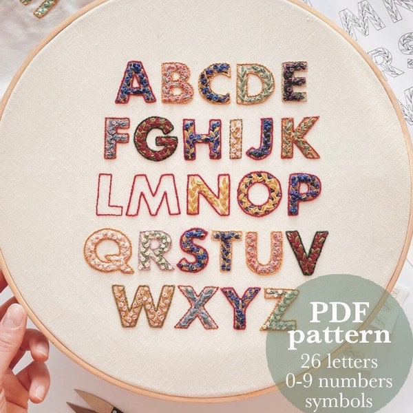 Floral alphabet numbers symbols PDF pattern / Digital personalizable name date message hand embroidery design / DIY upcycling clothes ideas