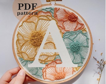 Floral Letter A Hand Embroidery Pattern: DIY Monogram Hoop Art with Video (Digital PDF)