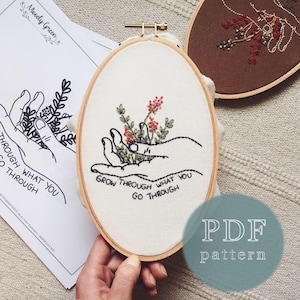 Könnte beinhalten: Stickrahmen-Kunst mit einer Hand, die einen Zweig mit roten Blumen hält, und dem Text "Grow through what you go through".