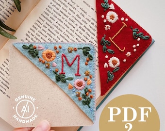 Embroidered Corner Bookmark PDF Pattern: Personalized Letter, Floral Felt (Digital Download)