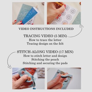 May include: A step-by-step guide to making a felt pouch with a stitched letter and design. The instructions include tracing the letter and design on felt, stitching the letter and design, stitching the pouch, and securing the pads. The video instructions are included.