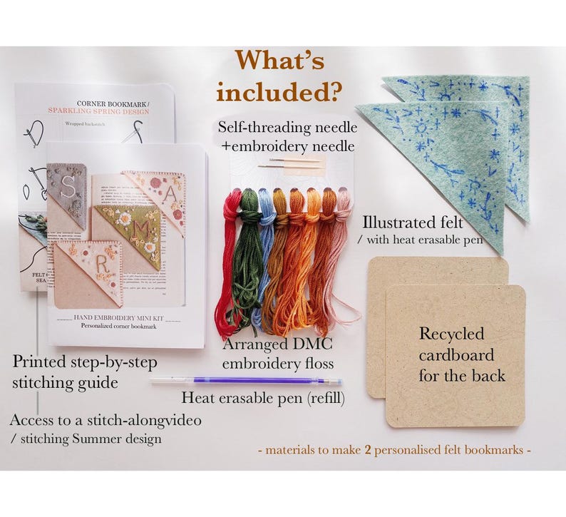 May include: A kit for making two personalized felt bookmarks. The kit includes illustrated felt, a heat erasable pen, DMC embroidery floss, needles, a printed step-by-step stitching guide, and recycled cardboard for the back.