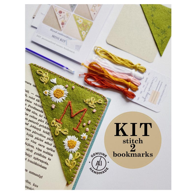 Colorful floral felt corner bookmark with hand embroidered personalised letter as a DIY kit with stitching materials; gift to book lover and avid reader; romantic summer page holder easy needle craft stitched on a moss green felt; made by human
