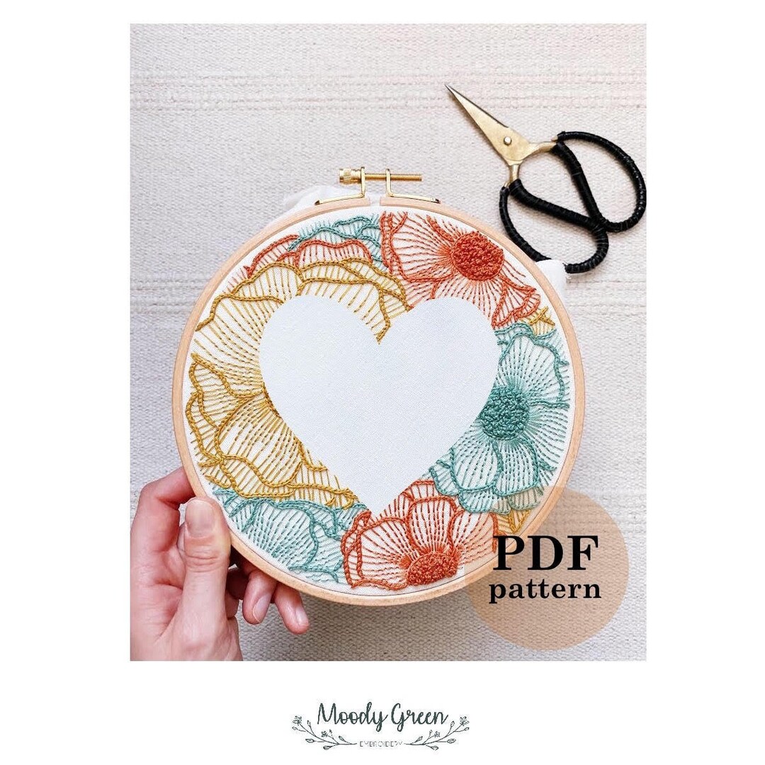 Floral Heart Design Hand Embroidery Pattern / Instant Digital PDF ...