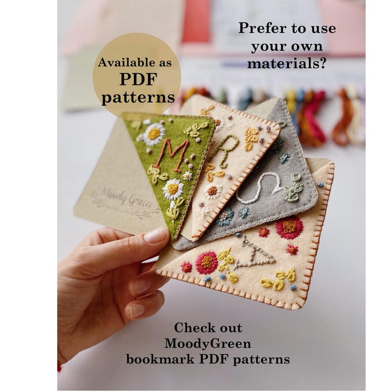 Hand Embroidery Bookmark Kit: DIY Felt Corner, Custom Letter, set of two image 11