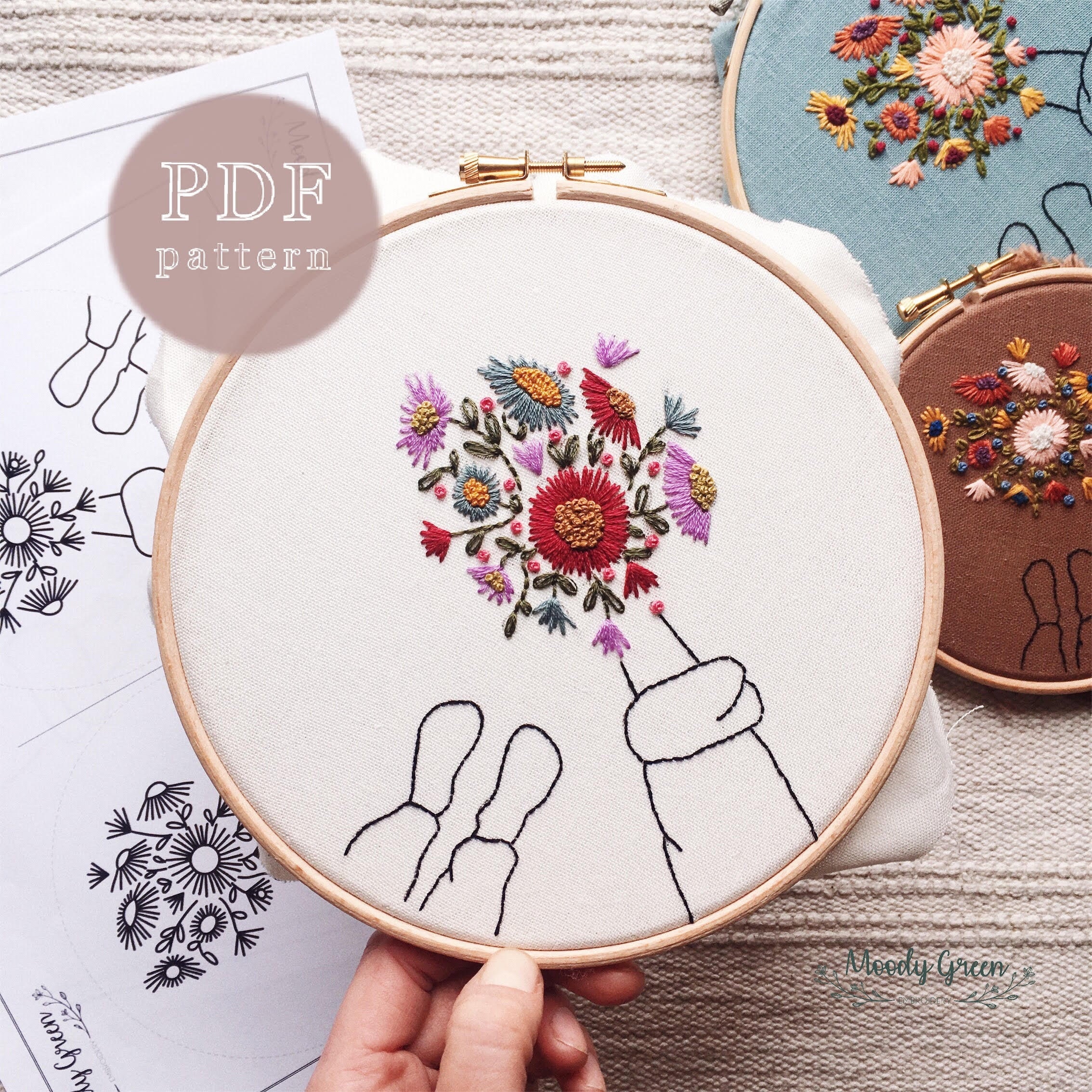 Flower Bouquet Embroidery Pattern: Easy Hand Stitch DIY Hoop Art (PDF ...