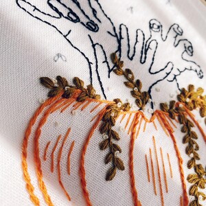 May include: Embroidered design of two hands reaching towards a pair of pumpkins with green leaves. The pumpkins are orange and the hands are black.