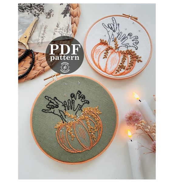 Handful Pumpkin Embroidery Pattern: Halloween Pun DIY Decor (Digital PDF)