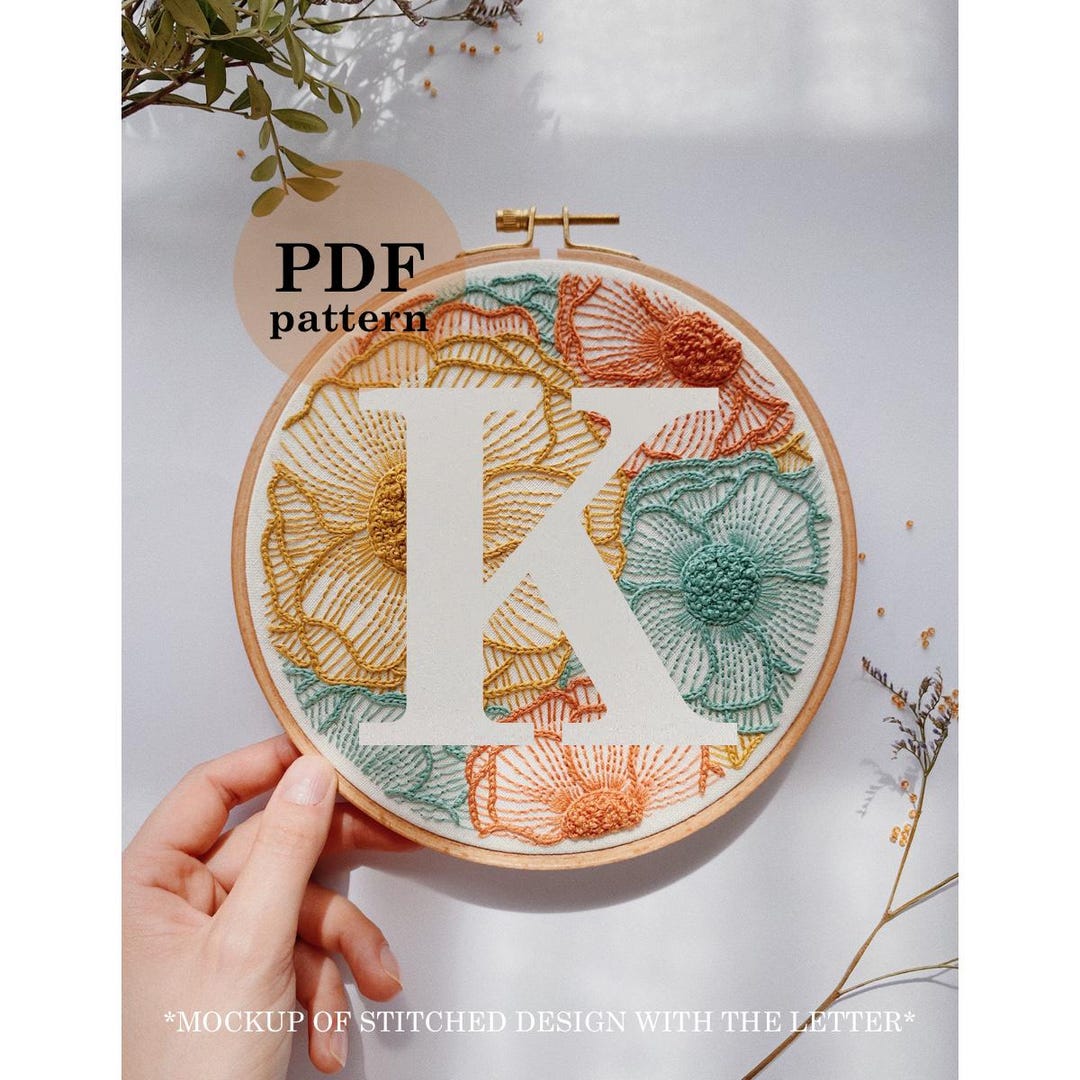 Patterned K Letter Floral Letter K Hand Embroidery Pattern: DIY Monogram Hoop Art With ...