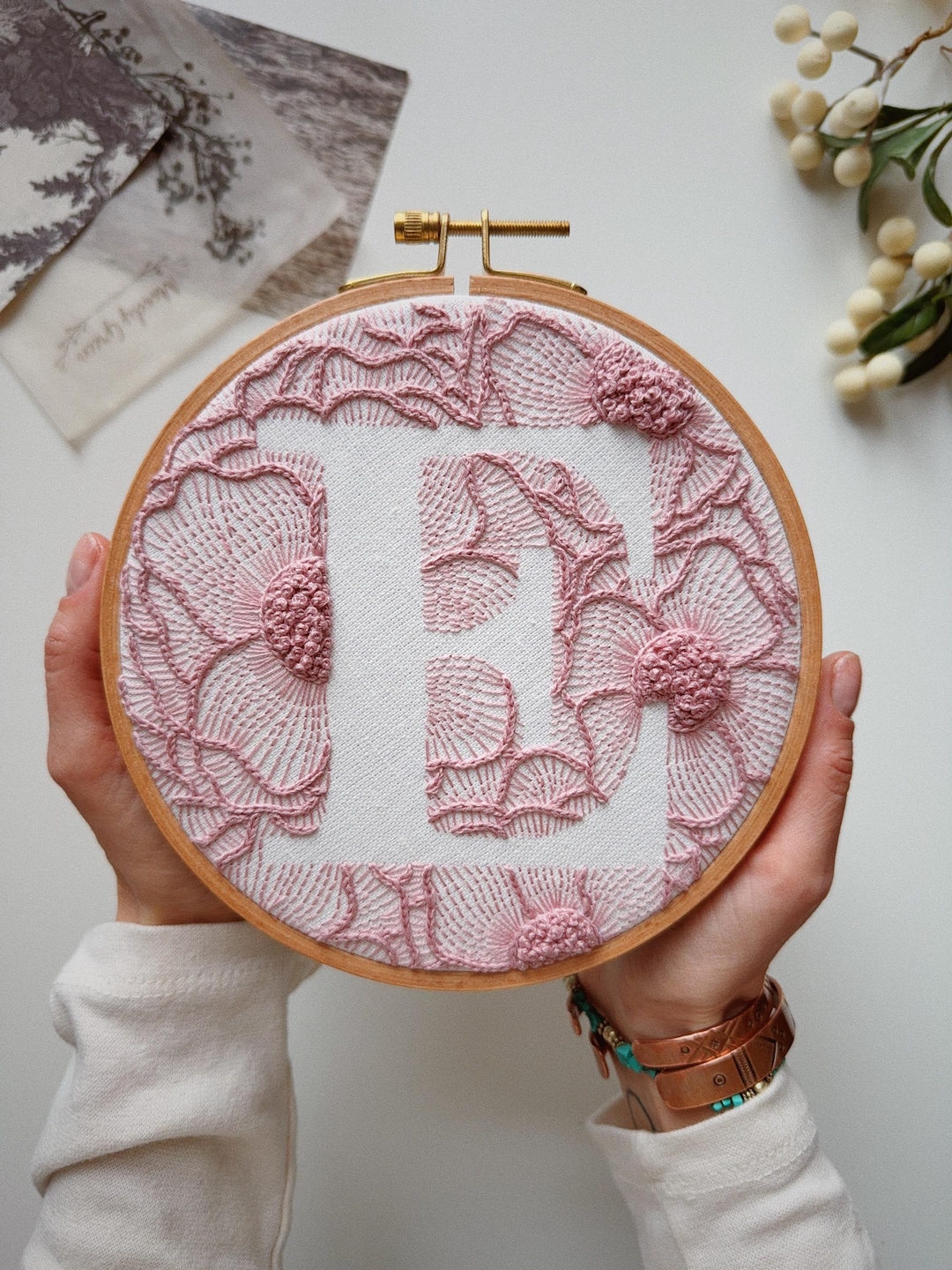 Personalized Hand Embroidery Monogram Hoop / Custom Initial Floral