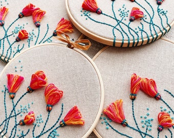 Spring Flowers Hand Embroidery Hoop / Modern Needlework Wall Art / Colourful Floral Decor