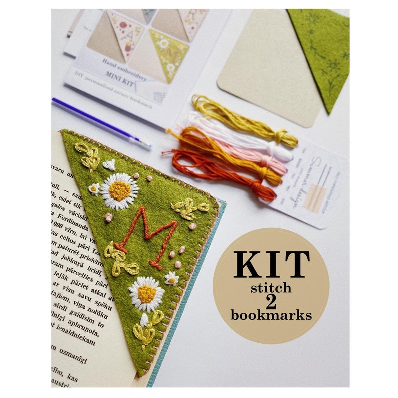 Colorful floral felt corner bookmark with personalised letter as a DIY kit with stitching materials; gift to book lover and avid reader; romantic summer page holder easy needle craft