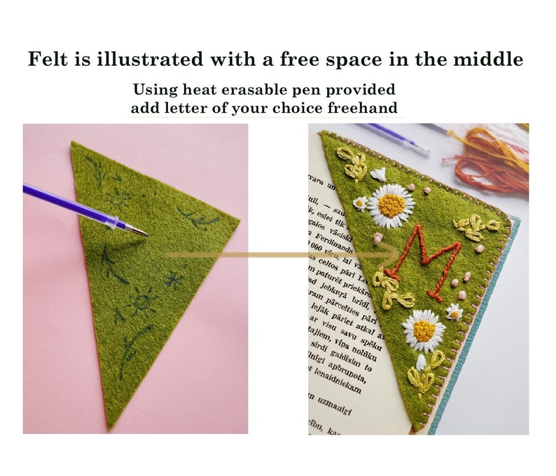 May include: A green felt bookmark with a white outline. The bookmark is shaped like a triangle with a rounded top. The bookmark has a white daisy design and the letter "M" embroidered in the center. The bookmark is lying on a book.
