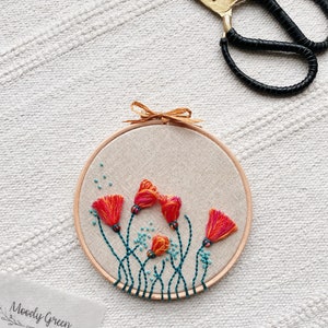 Spring Flowers Hand Embroidery Hoop / Modern Needlework Wall Art / Colourful Floral Decor 5 inches