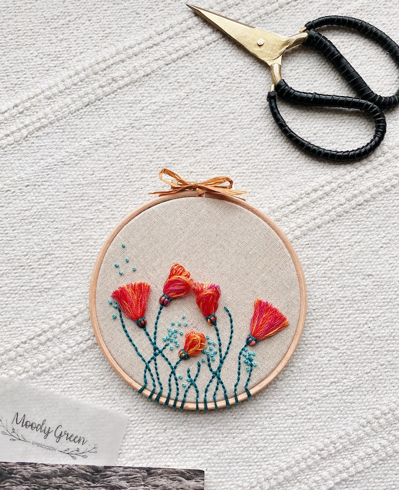 Spring Flowers Hand Embroidery Hoop / Modern Needlework Wall Art / Colourful Floral Decor 5 inches