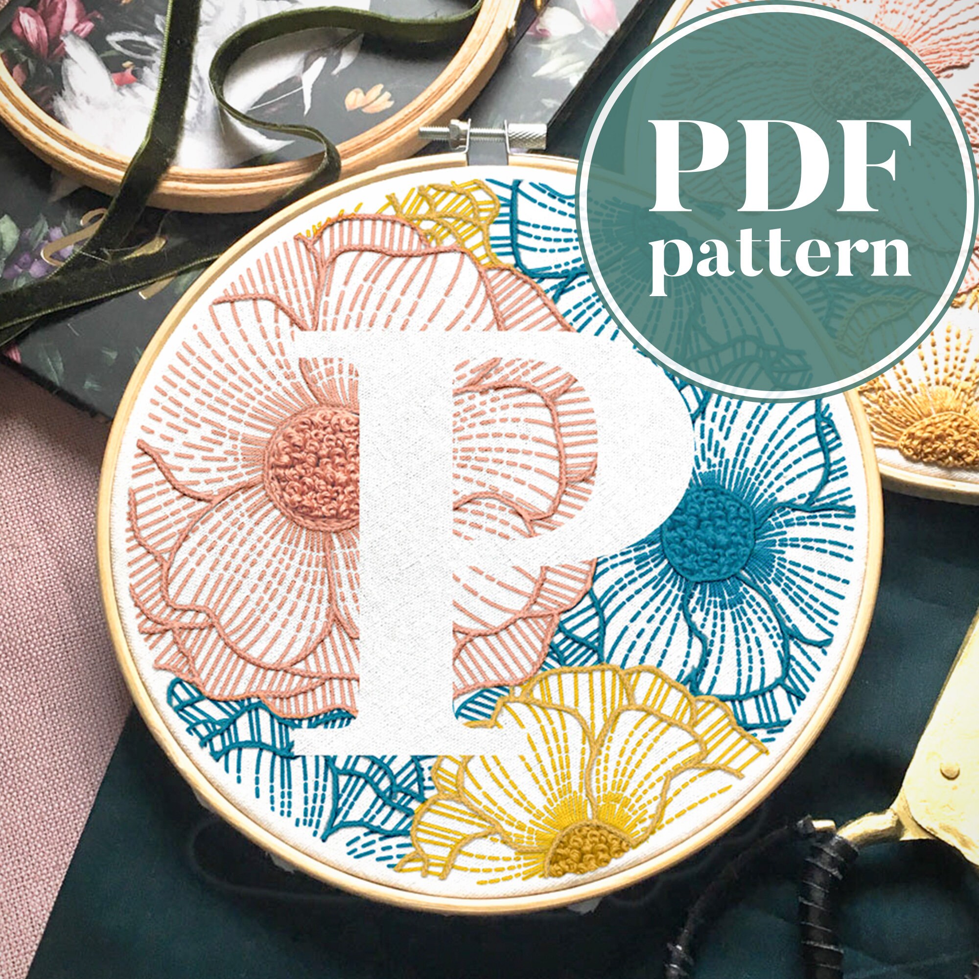 Floral Letter P Hand Embroidery Pattern / Digital Etsy