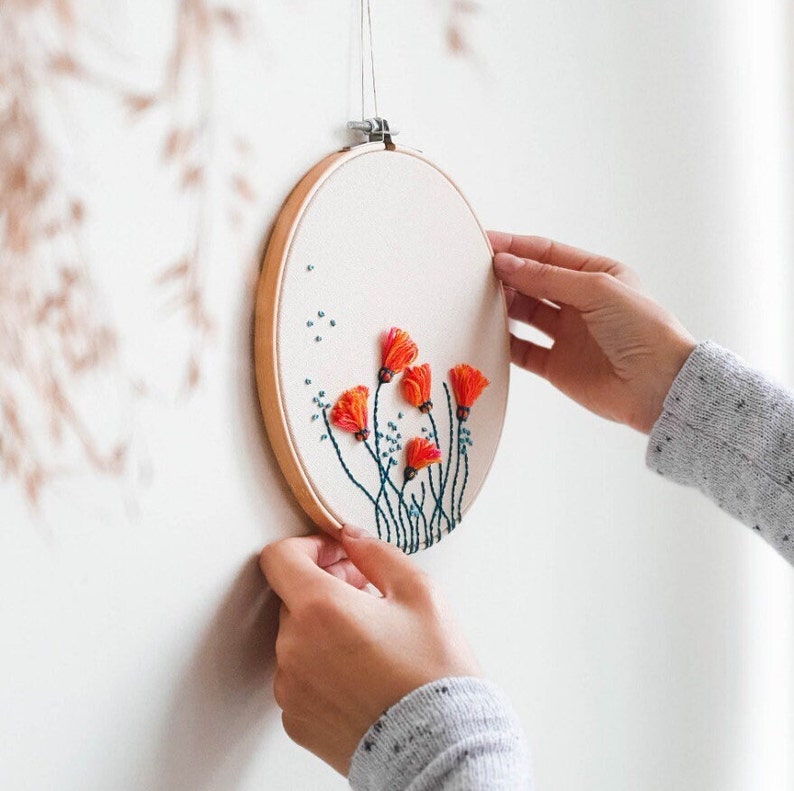 Spring Flowers Hand Embroidery Hoop / Modern Needlework Wall Art / Colourful Floral Decor 7 inches
