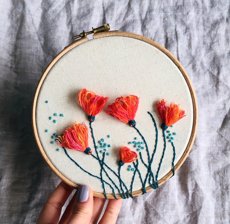 Spring Flowers Hand Embroidery Hoop / Modern Needlework Wall Art / Colourful Floral Decor image 8