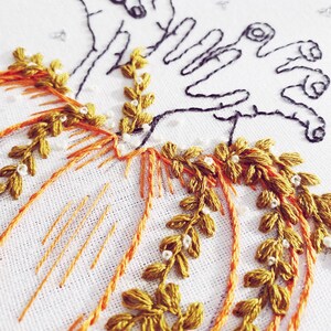 May include: Embroidered pumpkin with green leaves and white beads, with two hands in the air making the 'I love you' sign language gesture.
