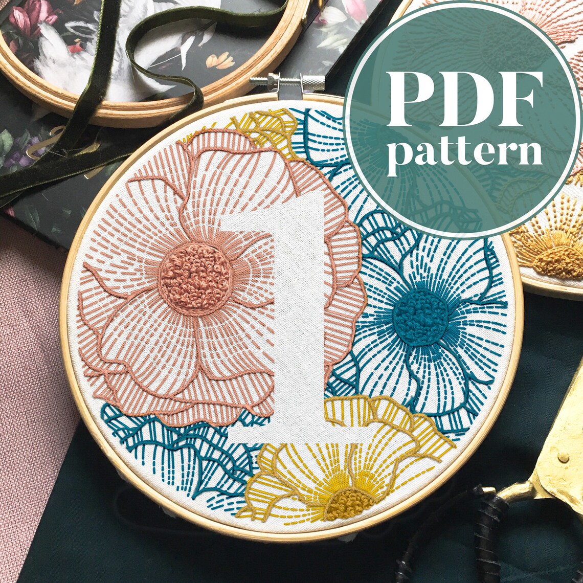 Floral number 1 hand embroidery pattern  digital  etsy Floral number 1 hand embroidery pattern  digital  etsy