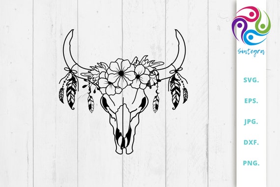 Floral Cow Skull With Feathers Svg File Floral Cow Skull Svg | Etsy