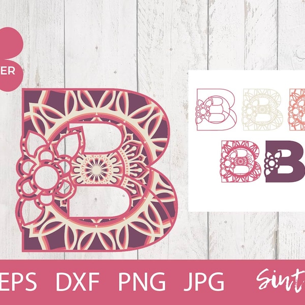 Floral Letter B Mandala 3D Multilayer SVG, SVG Cut File, Letter B svg, alphabet cut file for Cricut & Silhouette, 3D Monogram, laser file Floral Letter B Mandala 3D Multilayer SVG, SVG Cut File, Letter B svg, alphabet cut file for Cricut & Silhouette, 3D Monogram, laser file