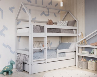 YappyEden House litera, cama de dos pisos, cama para niños con forma de casa, GRIS CLARO