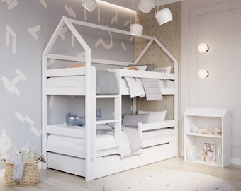 YappyEden House litera, cama de dos pisos, cama para niños con forma de casa, BLANCO