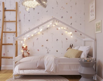 YappyHytte Grand lit pour tout-petit Montessori 60 x 80 po. avec barrière de protection, BLANC