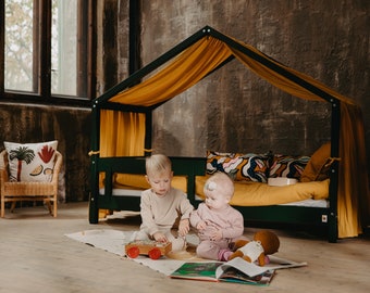 YappyHytte Montessori Kleinkind Hausbett mit Schutzbarriere, GRÜN