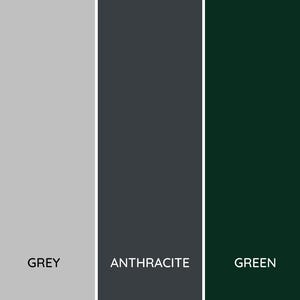 May include: Five color swatches showing different wood finishes: white, grey, anthracite, green, and natural.