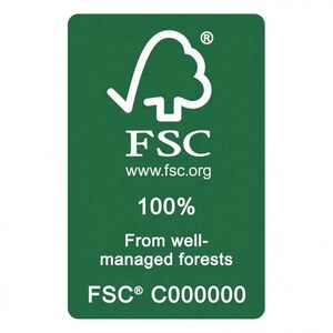 May include: A green label with a white tree and checkmark. The text "FSC" is in white with the website "www.fsc.org" below. The label also says "100% From well-managed forests" and "FSC&reg; C000000".