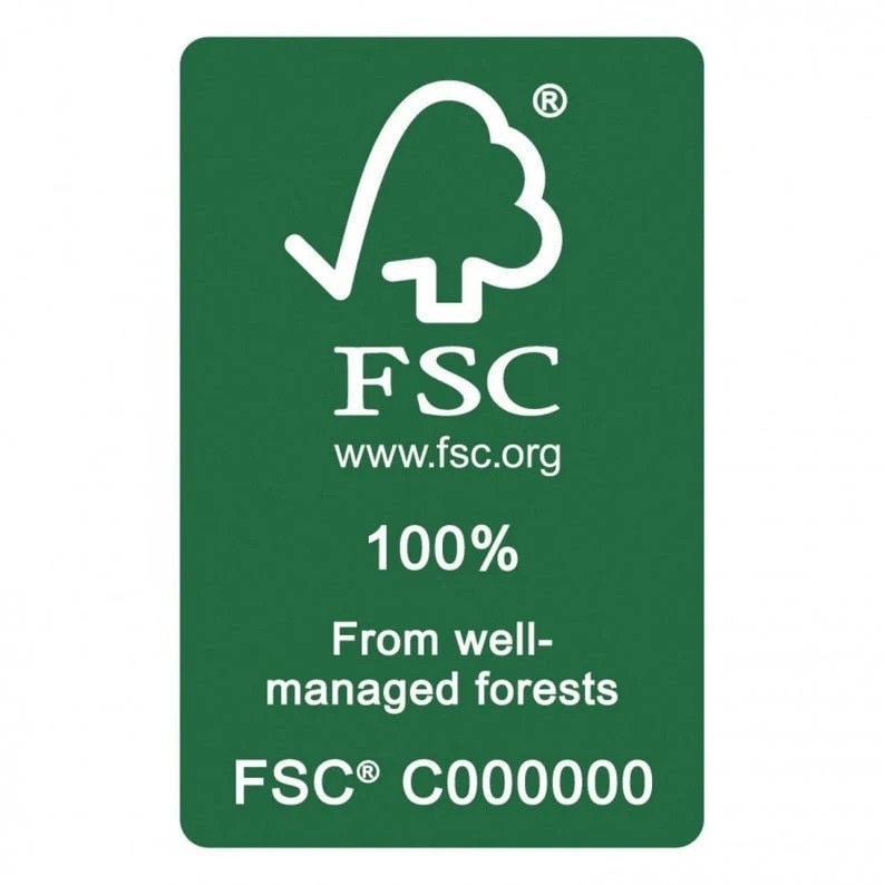 May include: A green label with a white tree and checkmark. The text "FSC" is in white with the website "www.fsc.org" below. The label also says "100% From well-managed forests" and "FSC&reg; C000000".