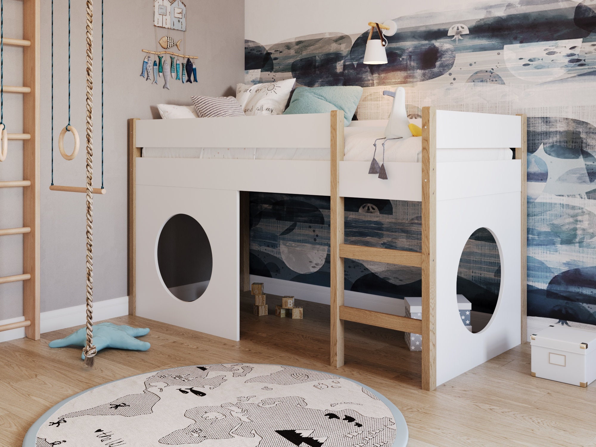  Camas altas bajas, cama tipo loft individual con escaleras,  marco de cama de madera con escalera de almacenamiento para niños y niñas,  color blanco : Hogar y Cocina